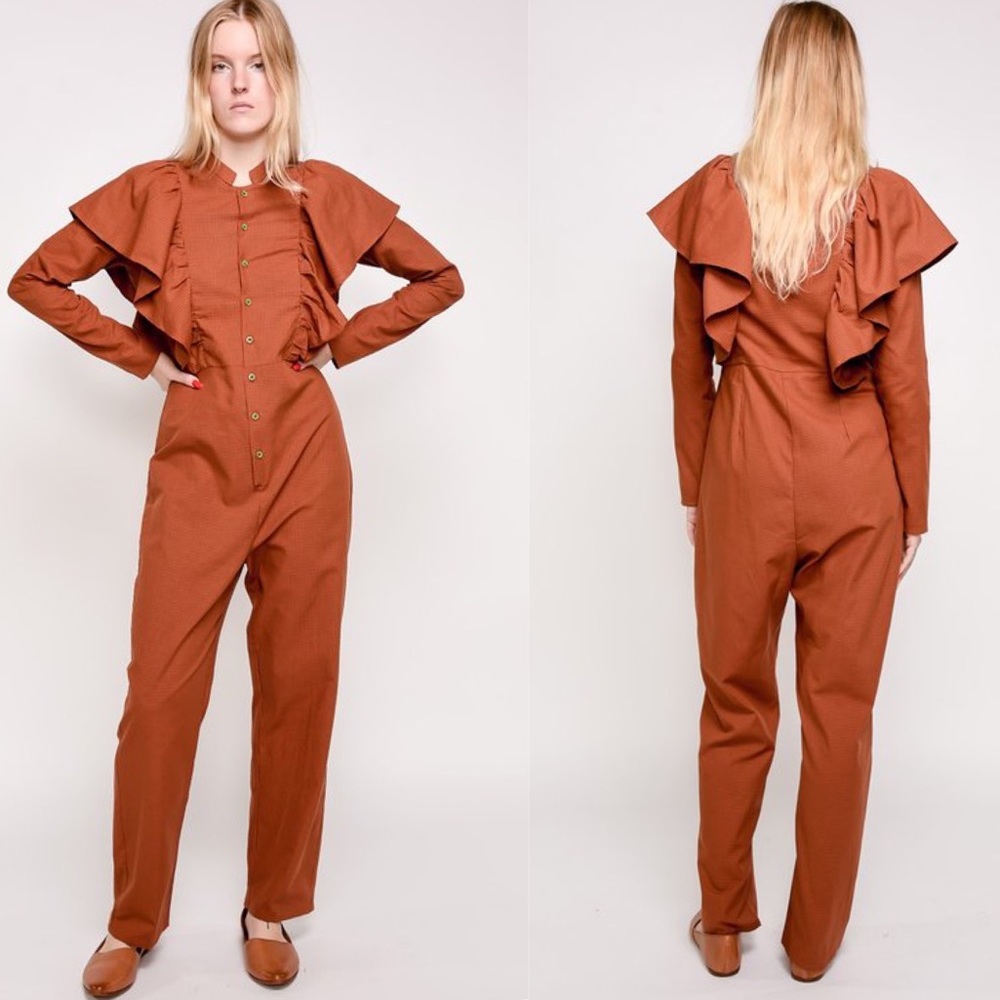 Rita Row Garmentory Lola Ruffled Jumpsuit Orange Academia Organic Cotton Med